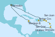 Visitando Galveston (Texas), Amber Cove (República Dominicana), San Juan (Puerto Rico), San Cristóbal y Nieves, Castries (Santa Lucía/Caribe), Grenada (Antillas), Montego Bay (Jamaica), Galveston (Texas)