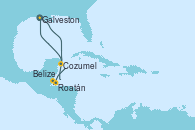Visitando Galveston (Texas), Cozumel (México), Belize (Caribe), Roatán (Honduras), Galveston (Texas)