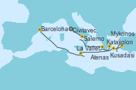 Visitando Civitavecchia (Roma), Salerno (Italia), Katakolon (Olimpia/Grecia), Atenas (Grecia), Kusadasi (Efeso/Turquía), Mykonos (Grecia), La Valletta (Malta), Barcelona