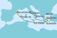 Visitando Civitavecchia (Roma), Salerno (Italia), Mykonos (Grecia), Kusadasi (Efeso/Turquía), Atenas (Grecia), La Valletta (Malta), Palma de Mallorca (España) y Barcelona