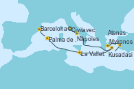 Visitando Civitavecchia (Roma), Nápoles (Italia), Mykonos (Grecia), Kusadasi (Efeso/Turquía), Atenas (Grecia), La Valletta (Malta), Palma de Mallorca (España), Barcelona
