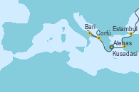 Visitando Atenas (Grecia), Kusadasi (Efeso/Turquía), Estambul (Turquía), Corfú (Grecia), Bari (Italia) y Atenas (Grecia)