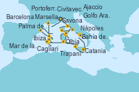 Visitando Savona (Italia), Civitavecchia (Roma), Nápoles (Italia), Bahía de Capri - Experiencia a bordo, Catania (Sicilia), Trapani (Italia), Cagliari (Cerdeña), Olbia (Cerdeña), Golfo Aranci - Experiencia a bordo, Ajaccio (Córcega), Portoferraio (Italia), Bahía de Formentera - Experiencia a bordo, Ibiza (España), Ibiza (España), Palma de Mallorca (España), Barcelona, Mar de las Baleares - Experiencia a bordo, Mar de las Baleares - Experiencia a bordo, Marsella (Francia), Savona (Italia)