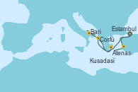 Visitando Estambul (Turquía), Corfú (Grecia), Bari (Italia), Atenas (Grecia), Kusadasi (Efeso/Turquía) y Estambul (Turquía)