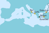 Visitando Atenas (Grecia), Kusadasi (Efeso/Turquía), Estambul (Turquía), Corfú (Grecia), Bari (Italia)