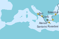 Visitando Atenas (Grecia), Kusadasi (Efeso/Turquía), Estambul (Turquía), Corfú (Grecia), Bari (Italia), Santorini (Grecia) y Atenas (Grecia)