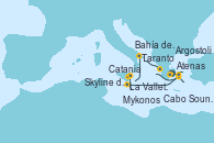 Visitando Atenas (Grecia)Cabo Sounion - Experiencia a bordo, La Valletta (Malta), Catania (Sicilia), Skyline del Etna - Experiencia a bordo, Taranto (Italia), Argostoli (Grecia), Mykonos (Grecia), Bahía de Mykonos - Experiencia a bordo, Bahía de Mykonos - Experiencia a bordo, Atenas (Grecia)