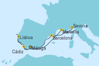 Visitando Málaga, Marsella (Francia), Savona (Italia), Barcelona, Cádiz (España), Lisboa (Portugal), Lisboa (Portugal), Málaga Visitando Málaga, Marsella (Francia), Savona (Italia), Barcelona, Cádiz (España), Lisboa (Portugal), Lisboa (Portugal), Málaga
