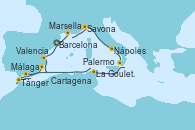 Visitando Barcelona, Marsella (Francia), Savona (Italia), Nápoles (Italia), Palermo (Italia), La Goulette (Tunez), Málaga, Tánger (Marruecos), Cartagena (Murcia), Valencia, Barcelona