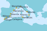 Visitando Savona (Italia), Nápoles (Italia), Palermo (Italia), La Goulette (Tunez), Málaga, Tánger (Marruecos), Cartagena (Murcia), Valencia, Barcelona, Marsella (Francia), Savona (Italia)