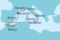 Visitando Barcelona, Marsella (Francia), Savona (Italia), Nápoles (Italia), Palermo (Italia), La Goulette (Tunez), Tánger (Marruecos), Málaga, Alicante (España), Barcelona