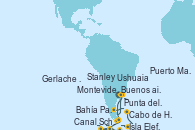 Visitando Buenos aires, Punta del Este (Uruguay), Montevideo (Uruguay), Ushuaia (Argentina), Cabo de Hornos (Chile), Canal Schollart (Antártida), Bahía Paraíso (Antártida), Gerlache Strait (Antártida), Isla Elefante (Antártida), Stanley (Malvinas), Puerto Madryn (Argentina), Buenos aires