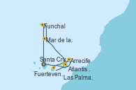 Visitando Santa Cruz de Tenerife (España), Santa Cruz de Tenerife (España), Funchal (Madeira), Mar de las islas Canarias - Experiencia a bordo, Arrecife (Lanzarote/España), Atlantis crest Oeste - Experiencia a bordo, Las Palmas de Gran Canaria (España), Fuerteventura (Canarias/España), Santa Cruz de Tenerife (España)