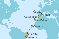 Visitando Salvador de Bahía (Brasil), Fortaleza (Brasil), Puerto Praia (Cabo Verde), Las Palmas de Gran Canaria (España), Casablanca (Marruecos), Málaga, Oporto (Portugal)
