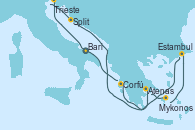 Visitando Bari (Italia), Trieste (Italia), Split (Croacia), Atenas (Grecia), Mykonos (Grecia), Estambul (Turquía), Corfú (Grecia), Bari (Italia)