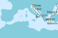 Visitando Atenas (Grecia), Mykonos (Grecia), Estambul (Turquía), Corfú (Grecia), Bari (Italia), Trieste (Italia), Split (Croacia), Atenas (Grecia)
