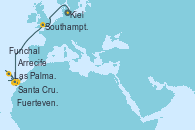 Visitando Kiel (Alemania), Southampton (Inglaterra), Las Palmas de Gran Canaria (España), Santa Cruz de Tenerife (España), Arrecife (Lanzarote/España), Funchal (Madeira), Fuerteventura (Canarias/España), Las Palmas de Gran Canaria (España), Santa Cruz de la Palma (España) y Santa Cruz de Tenerife (España)