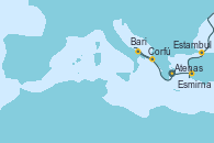 Visitando Atenas (Grecia), Esmirna (Turquía), Estambul (Turquía), Corfú (Grecia), Bari (Italia), Atenas (Grecia)