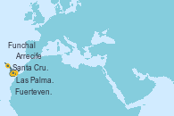 Visitando Santa Cruz de Tenerife (España), Arrecife (Lanzarote/España), Funchal (Madeira), Fuerteventura (Canarias/España), Las Palmas de Gran Canaria (España), Santa Cruz de la Palma (España), Santa Cruz de Tenerife (España)
