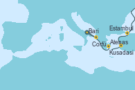 Visitando Bari (Italia), Atenas (Grecia), Kusadasi (Efeso/Turquía), Estambul (Turquía), Corfú (Grecia), Bari (Italia)