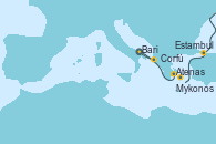 Visitando Bari (Italia), Atenas (Grecia), Mykonos (Grecia), Estambul (Turquía), Corfú (Grecia) y Bari (Italia)