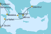 Visitando Civitavecchia (Roma), Messina (Sicilia), Katakolon (Olimpia/Grecia), Estambul (Turquía), Atenas (Grecia), La Valletta (Malta), La Goulette (Tunez), Barcelona