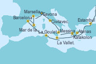 Visitando Savona (Italia), Civitavecchia (Roma), Messina (Sicilia), Katakolon (Olimpia/Grecia), Estambul (Turquía), Atenas (Grecia), La Valletta (Malta), La Goulette (Tunez), Barcelona, Mar de las Baleares - Experiencia a bordo, Mar de las Baleares - Experiencia a bordo, Marsella (Francia), Savona (Italia)