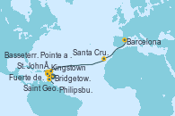 Visitando Bridgetown (Barbados), Saint George (Grenada), Kingstown (Granadinas), Fuerte de France (Martinica), Pointe a Pitre (Guadalupe), Philipsburg (St. Maarten), Basseterre (Antillas), St. John´s (Antigua y Barbuda), Santa Cruz de Tenerife (España), Barcelona