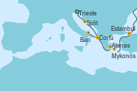 Visitando Trieste (Italia), Split (Croacia), Atenas (Grecia), Mykonos (Grecia), Estambul (Turquía), Corfú (Grecia), Bari (Italia)