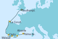Visitando Southampton (Inglaterra), La Coruña (Galicia/España), Cádiz (España), Málaga, Alicante (España) y Palma de Mallorca (España)