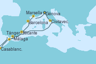 Visitando Génova (Italia), Civitavecchia (Roma), Alicante (España), Málaga, Casablanca (Marruecos), Tánger (Marruecos), Barcelona, Marsella (Francia), Génova (Italia)