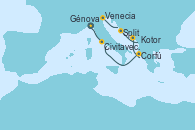 Visitando Génova (Italia), Civitavecchia (Roma), Corfú (Grecia), Kotor (Montenegro), Split (Croacia) y Venecia (Italia)