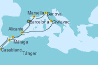 Visitando Barcelona, Marsella (Francia), Génova (Italia), Civitavecchia (Roma), Alicante (España), Málaga, Casablanca (Marruecos), Tánger (Marruecos) y Barcelona