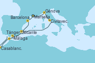 Visitando Marsella (Francia), Génova (Italia), Civitavecchia (Roma), Alicante (España), Málaga, Casablanca (Marruecos), Tánger (Marruecos), Barcelona, Marsella (Francia)