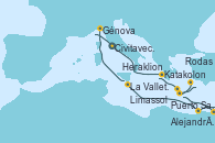 Visitando Civitavecchia (Roma), Katakolon (Olimpia/Grecia), Heraklion (Creta), Rodas (Grecia), Limassol (Chipre), Puerto Said (Egipto), Alejandría (Egipto), La Valletta (Malta), Génova (Italia), Civitavecchia (Roma)