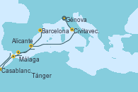 Visitando Génova (Italia), Civitavecchia (Roma), Alicante (España), Málaga, Casablanca (Marruecos), Tánger (Marruecos), Barcelona