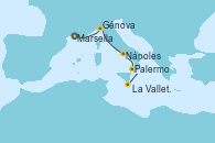 Visitando Marsella (Francia), Génova (Italia), Nápoles (Italia), Palermo (Italia), La Valletta (Malta)