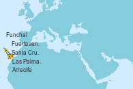 Visitando Santa Cruz de la Palma (España), Santa Cruz de Tenerife (España), Fuerteventura (Canarias/España), Funchal (Madeira), Arrecife (Lanzarote/España), Las Palmas de Gran Canaria (España) y Santa Cruz de la Palma (España)