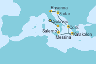 Visitando Civitavecchia (Roma), Salerno (Italia), Messina (Sicilia), Katakolon (Olimpia/Grecia), Corfú (Grecia), Zadar (Croacia), Ravenna (Italia)