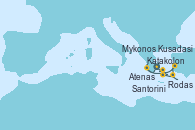 Visitando Atenas (Grecia), Katakolon (Olimpia/Grecia), Kusadasi (Efeso/Turquía), Rodas (Grecia), Santorini (Grecia), Mykonos (Grecia), Atenas (Grecia)