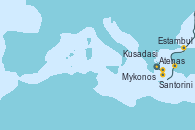 Visitando Atenas (Grecia), Santorini (Grecia), Kusadasi (Efeso/Turquía), Estambul (Turquía), Estambul (Turquía), Mykonos (Grecia), Atenas (Grecia)