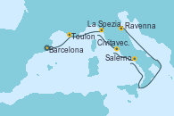 Visitando Barcelona, Toulon (Francia), La Spezia, Florencia y Pisa (Italia), Civitavecchia (Roma), Salerno (Italia), Ravenna (Italia)