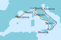 Visitando Barcelona, Toulon (Francia), La Spezia, Florencia y Pisa (Italia), Civitavecchia (Roma), Salerno (Italia), Messina (Sicilia), Ravenna (Italia)