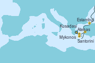 Visitando Atenas (Grecia), Santorini (Grecia), Estambul (Turquía), Estambul (Turquía), Kusadasi (Efeso/Turquía), Mykonos (Grecia), Atenas (Grecia)