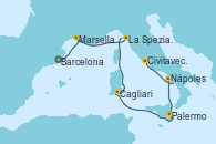 Visitando Barcelona, Marsella (Francia), La Spezia, Florencia y Pisa (Italia), Cagliari (Cerdeña), Palermo (Italia), Nápoles (Italia), Civitavecchia (Roma)