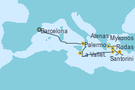 Visitando Barcelona, Palermo (Italia), La Valletta (Malta), Santorini (Grecia), Rodas (Grecia), Mykonos (Grecia), Atenas (Grecia)