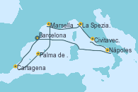 Visitando Barcelona, Cartagena (Murcia), Palma de Mallorca (España), Marsella (Francia), La Spezia, Florencia y Pisa (Italia), Civitavecchia (Roma), Nápoles (Italia), Barcelona
