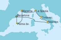 Visitando Barcelona, Palma de Mallorca (España), Marsella (Francia), La Spezia, Florencia y Pisa (Italia), Civitavecchia (Roma), Nápoles (Italia), Barcelona