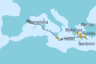 Visitando Barcelona, La Valletta (Malta), Rodas (Grecia), Mykonos (Grecia), Santorini (Grecia), Atenas (Grecia)