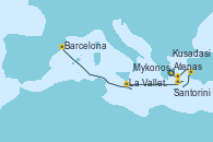 Visitando Atenas (Grecia), Santorini (Grecia), Kusadasi (Efeso/Turquía), Mykonos (Grecia), La Valletta (Malta), Barcelona